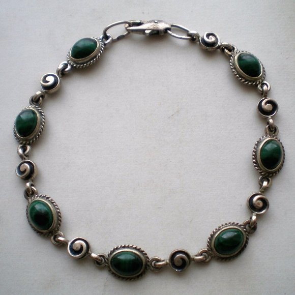 Russian Russia Sterling Silver 925 Bezel Set Malachite Tennis Bracelet